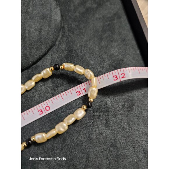 Opera Length Faux Freshwater Pearl Necklace With Black & Gold Accents 32" - Picture 7 of 9